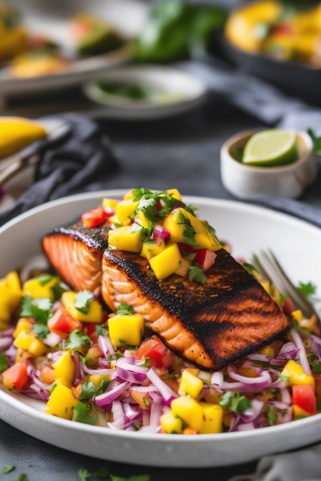 A close-up photo of blackened salmon topped with vibrant mango salsa under soft lighting.