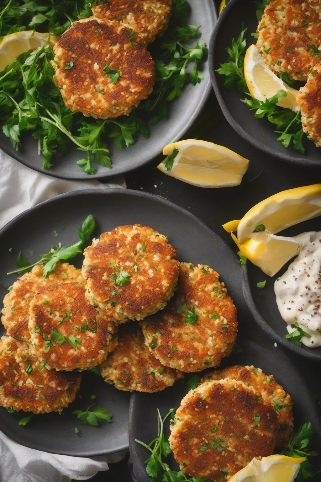 A close-up photo of golden salmon quinoa patties on a plate under soft lighting.