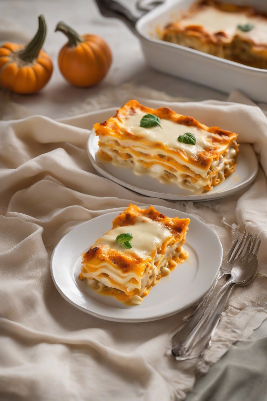 A close-up photo of butternut squash lasagna, golden orange layers contrasting creamy sauce, under soft lighting.