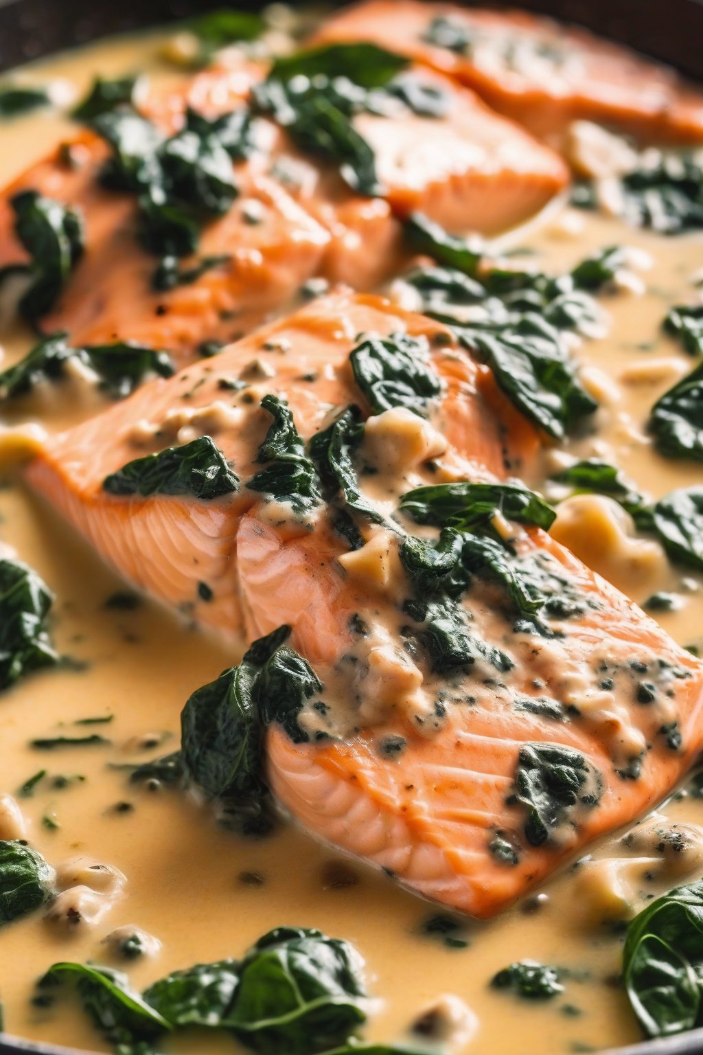 A close-up photo of creamy Tuscan salmon with wilted spinach under soft lighting.