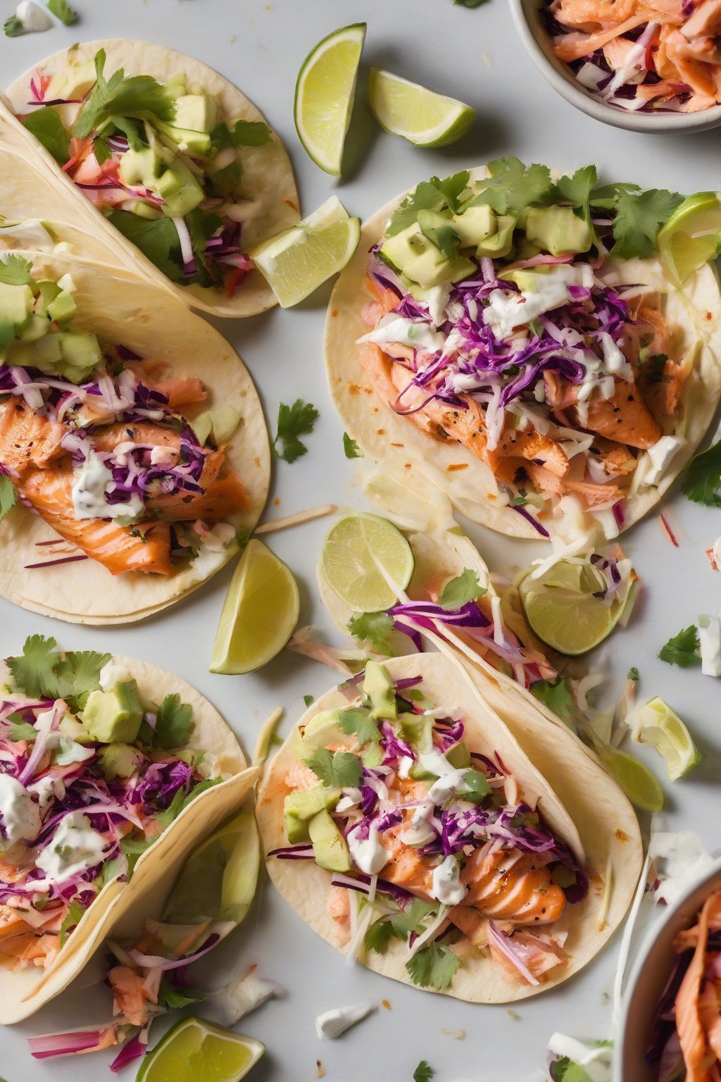 A close-up photo of salmon tacos with colorful slaw under soft lighting.