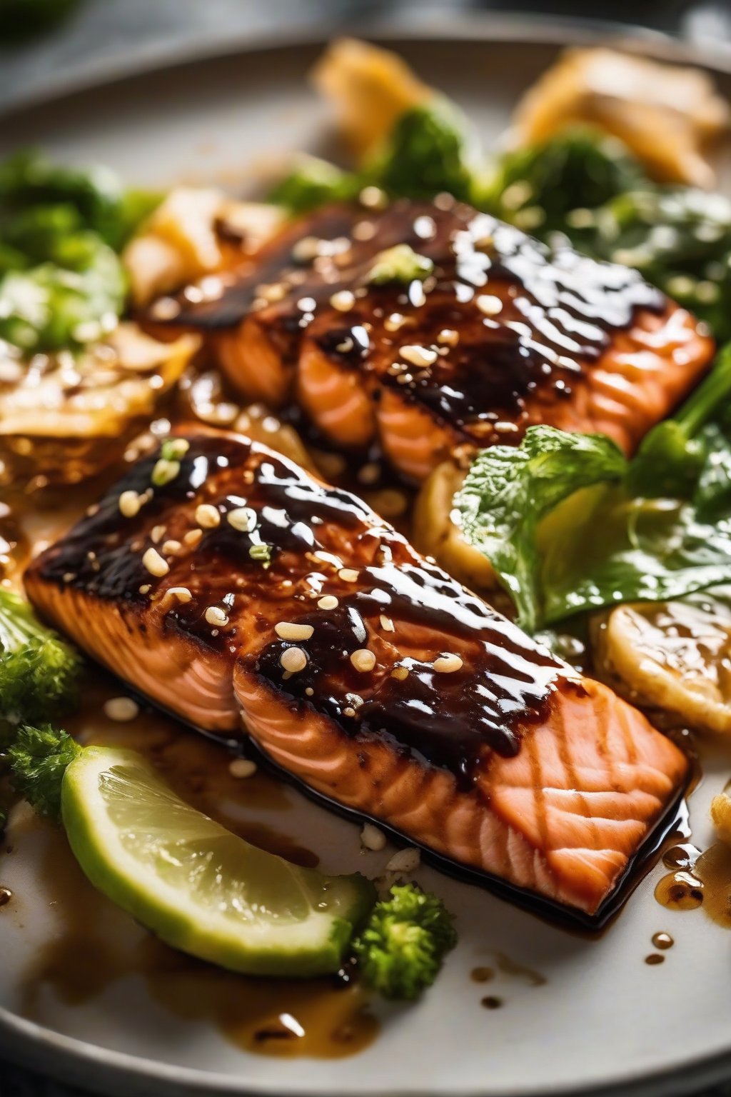 A close-up photo of glossy miso glazed salmon under soft lighting.