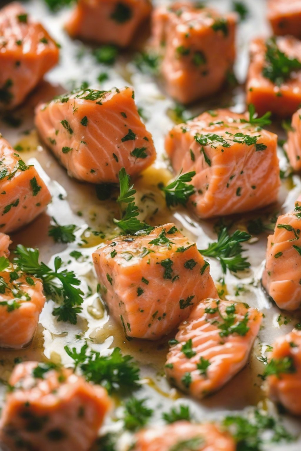 A close-up photo of garlic butter salmon bites scattered with parsley under soft lighting.