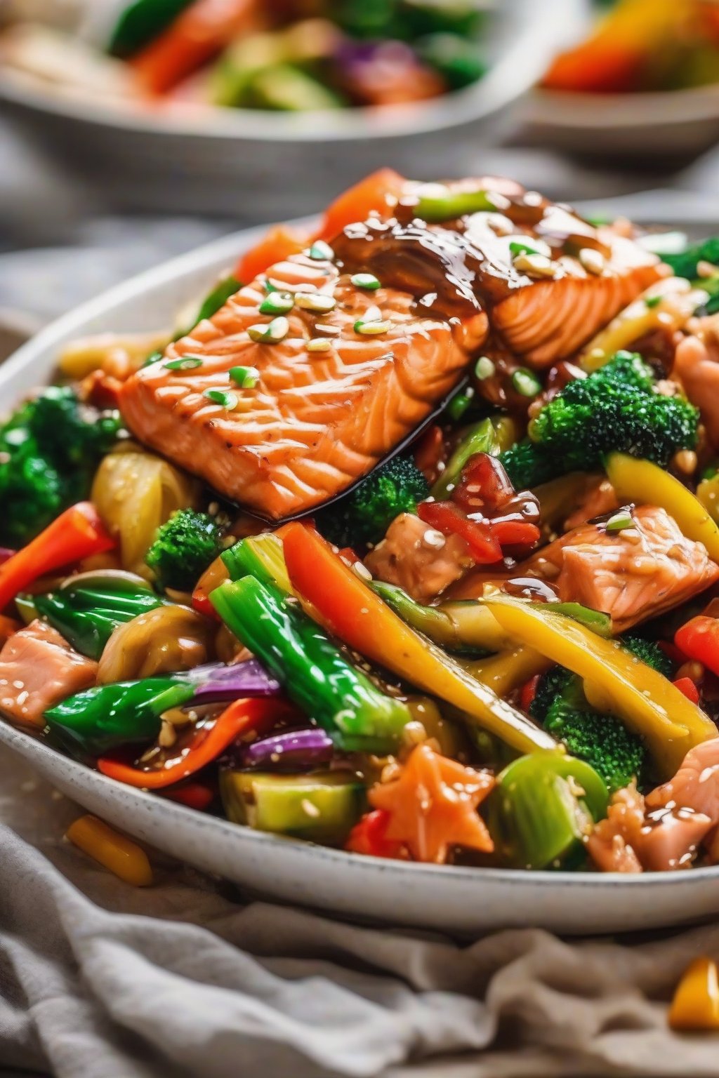 A close-up photo of teriyaki salmon stir-fry with colorful veggies under soft lighting.