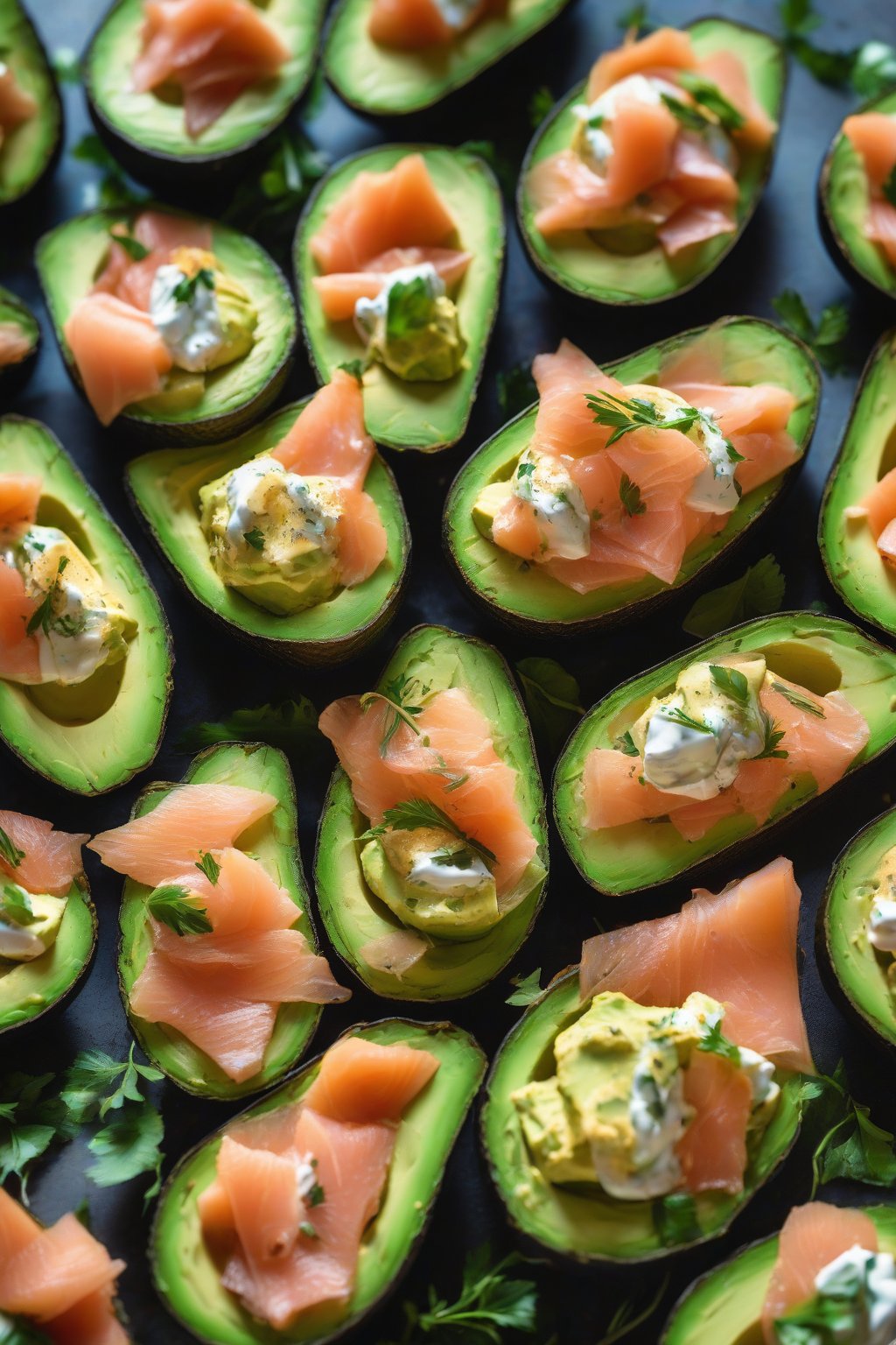 A close-up photo of smoked salmon stuffed avocado boats under soft lighting.