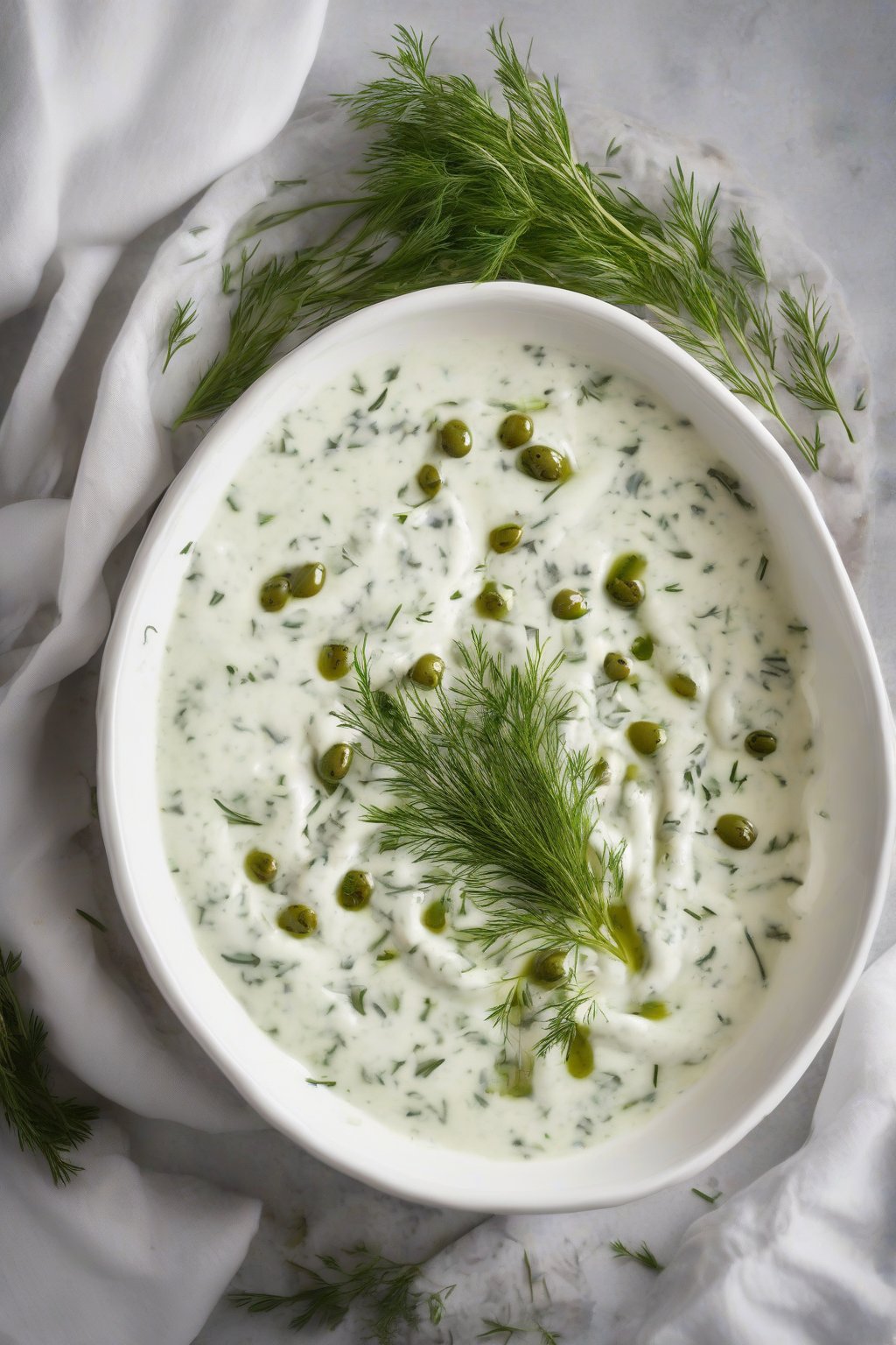 A high-resolution photo of classic Greek taziki sauce in a white ceramic bowl, topped with olive oil drizzle and dill sprigs, under soft lighting.