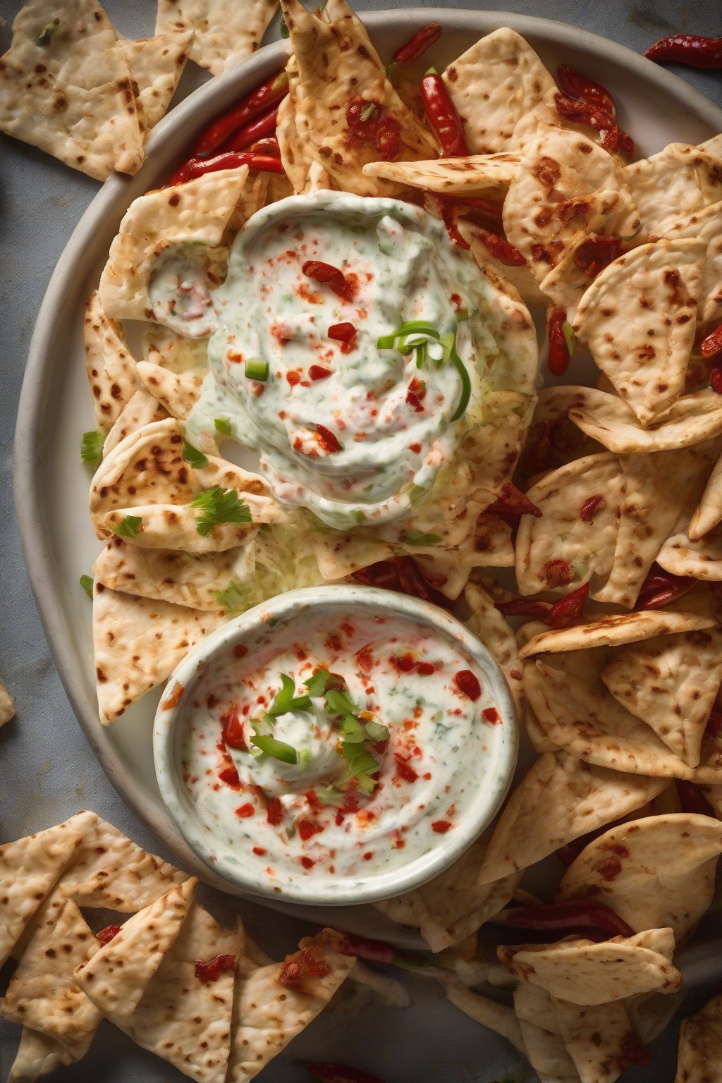 A high-resolution photo of spicy chili taziki sauce swirled with red flecks, served with pita chips, under soft lighting.