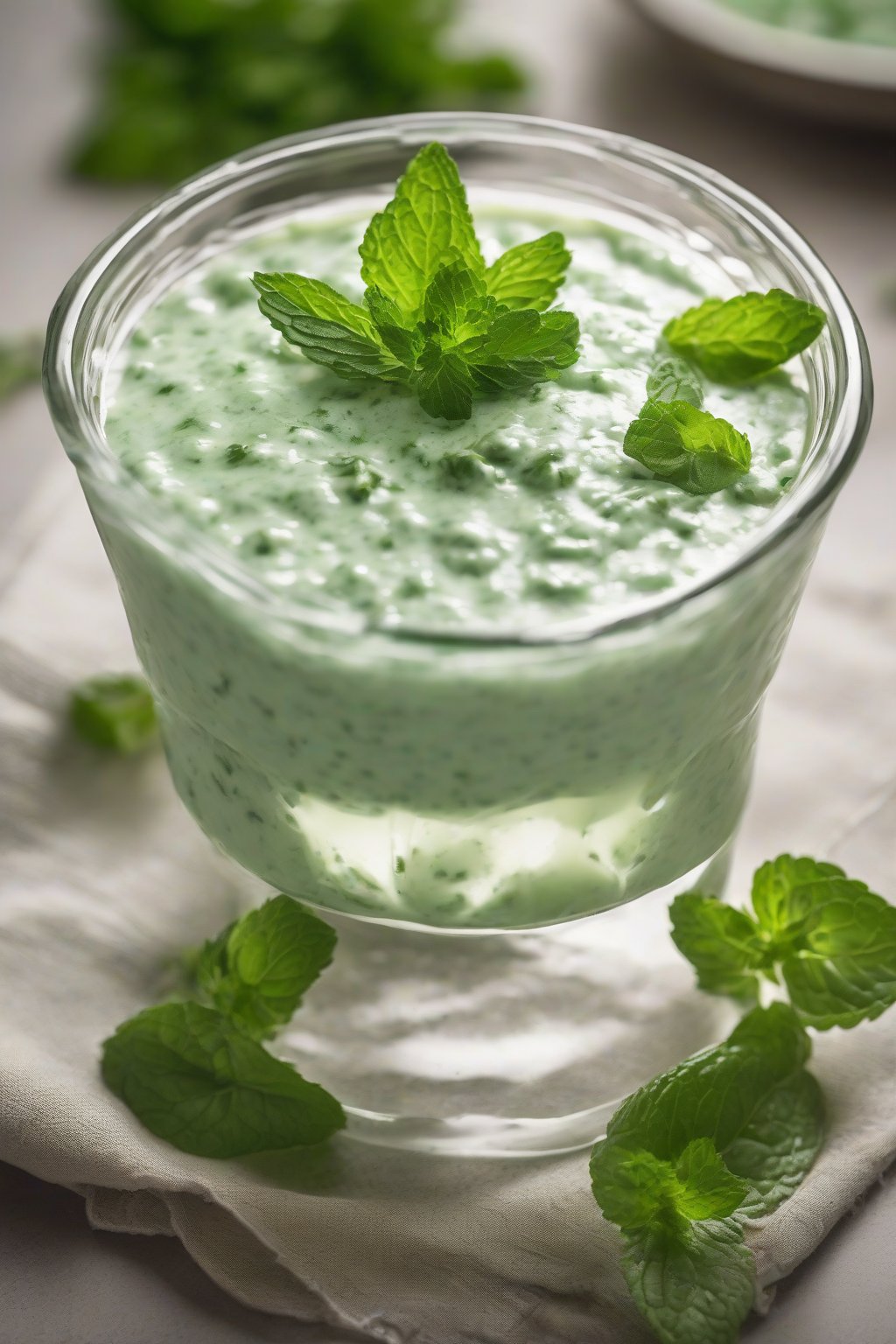 A high-resolution photo of minty taziki sauce garnished with mint leaves in a glass bowl, under soft lighting.