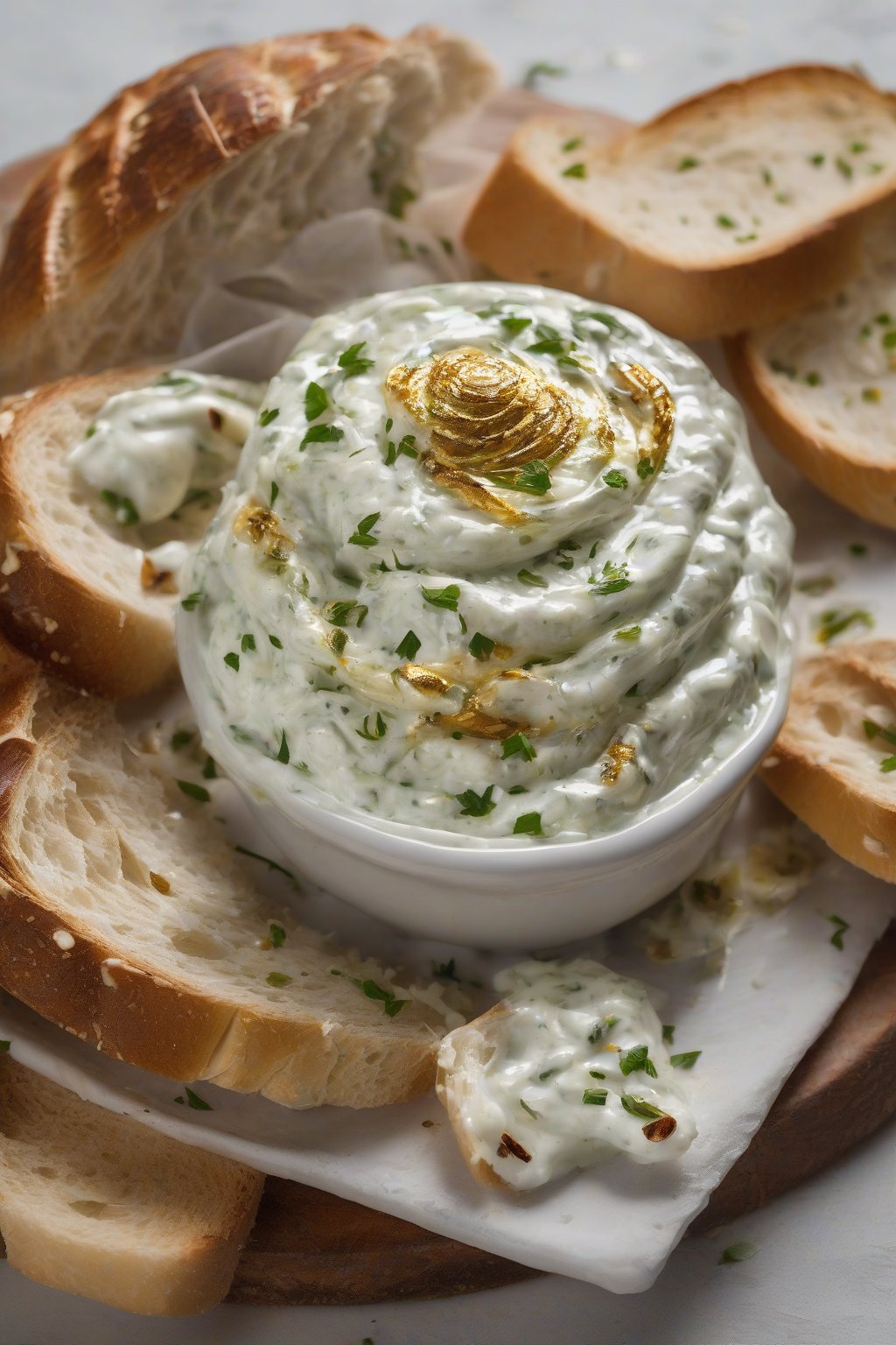 A high-resolution photo of roasted garlic taziki with golden swirls, alongside crusty bread, under soft lighting.