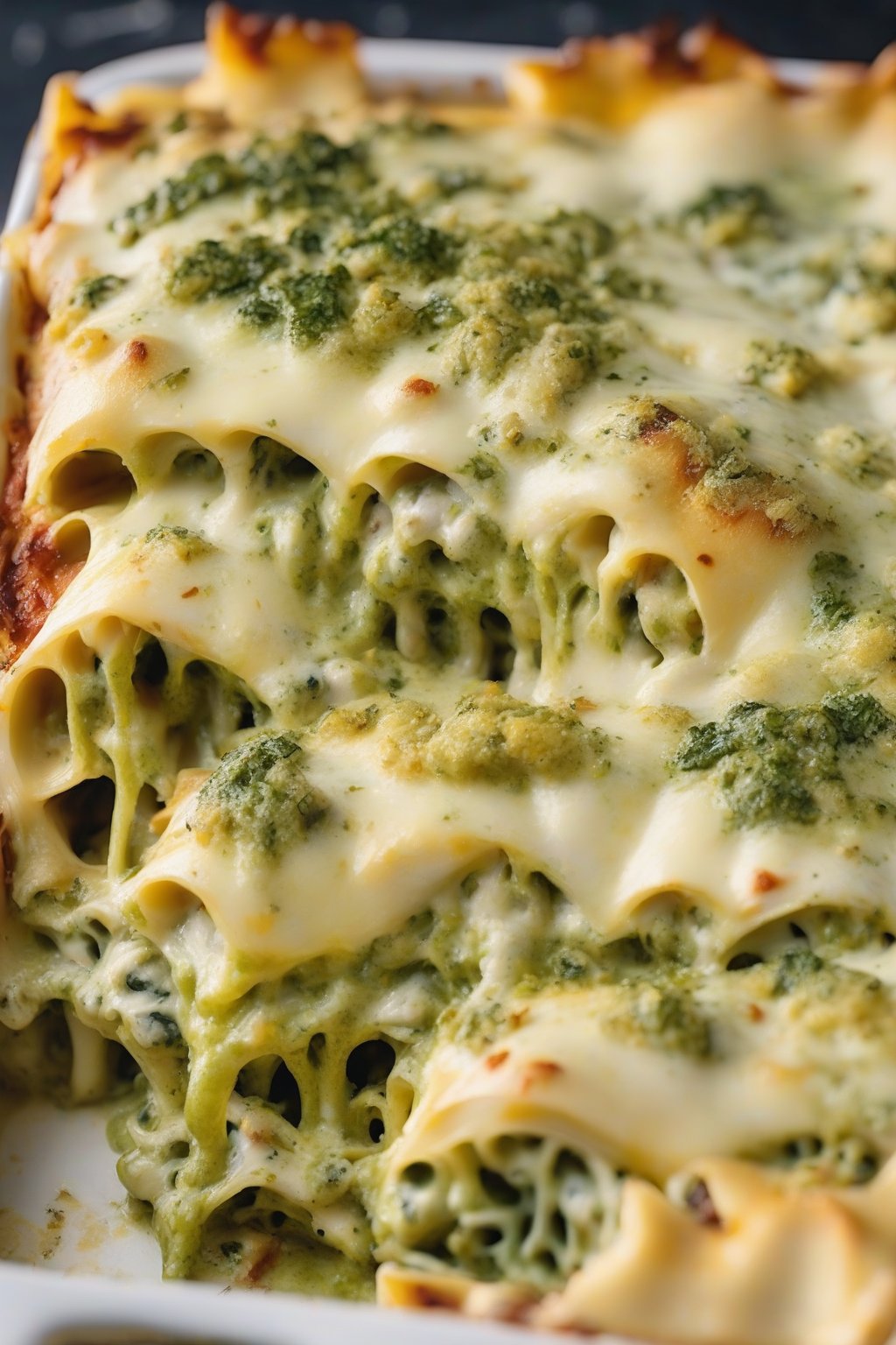 A close-up photo of pesto chicken lasagna, green swirls amid melted cheese and chicken bits, under soft lighting.