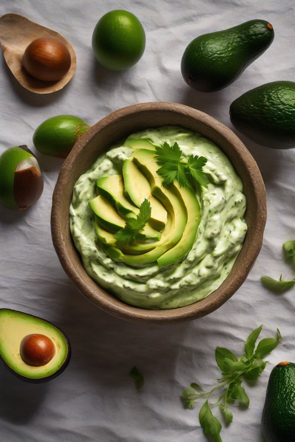 A high-resolution photo of vibrant green avocado taziki in a rustic bowl, under soft lighting.