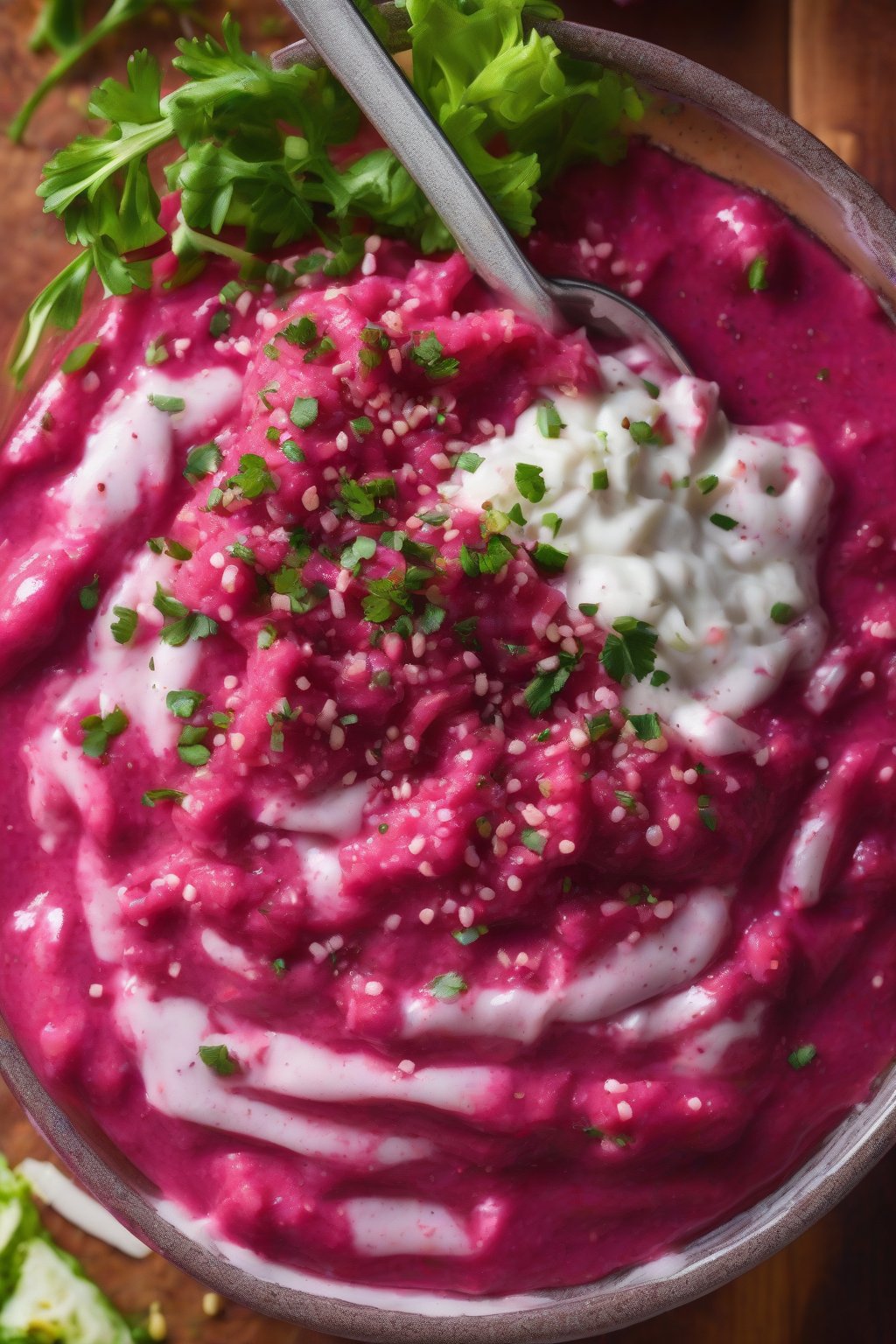 A high-resolution photo of pink beetroot taziki sauce with grated veggies visible, under soft lighting.