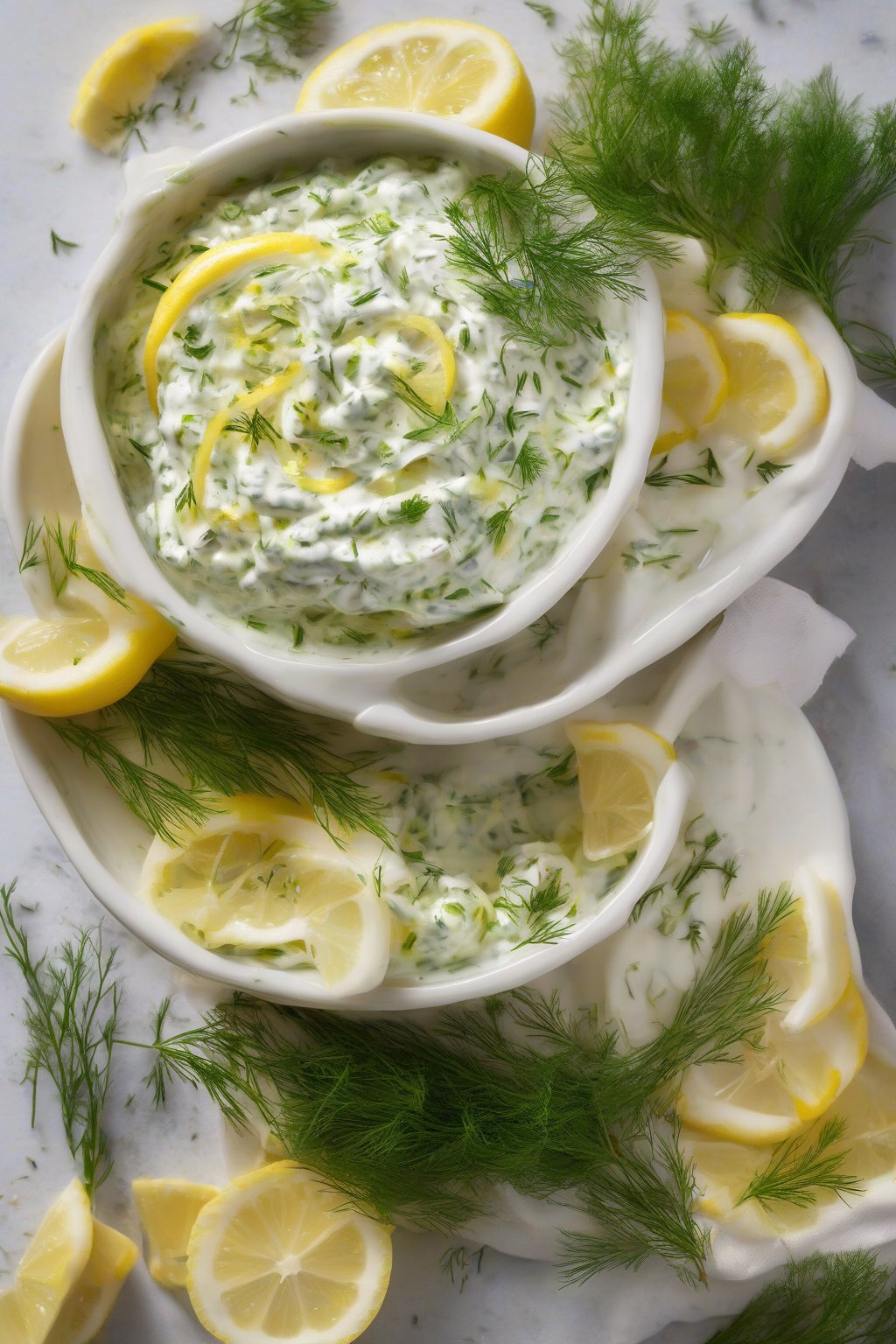 A high-resolution photo of lemon-dill taziki topped with zest curls, under soft lighting.