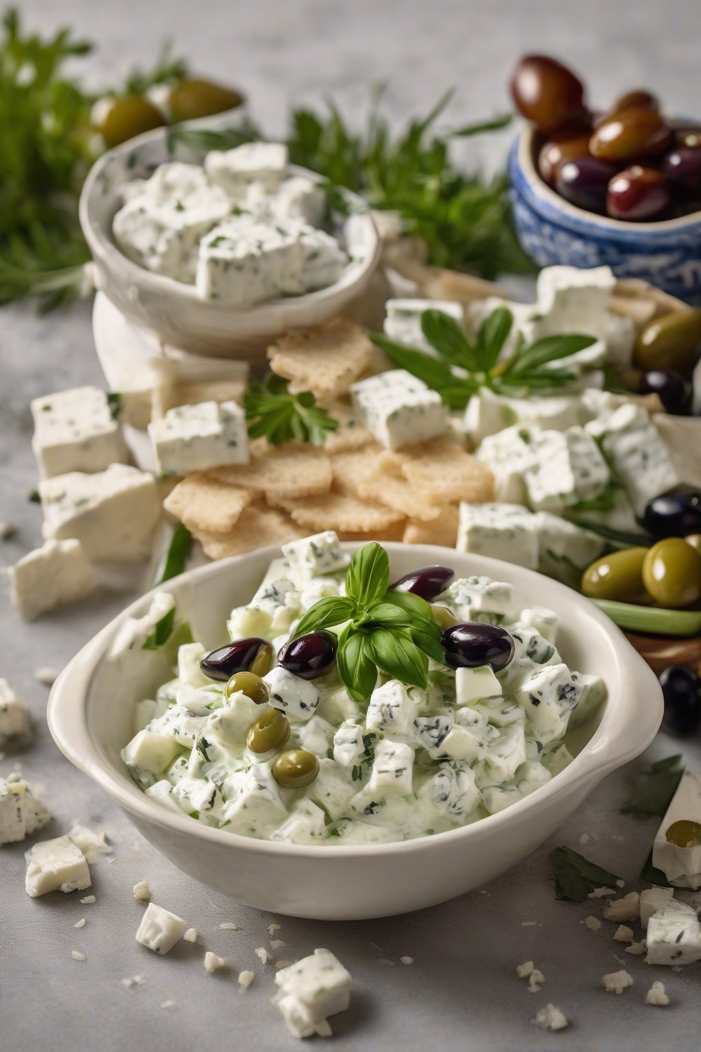 A high-resolution photo of feta-laced taziki with cheese chunks, served with olives, under soft lighting.
