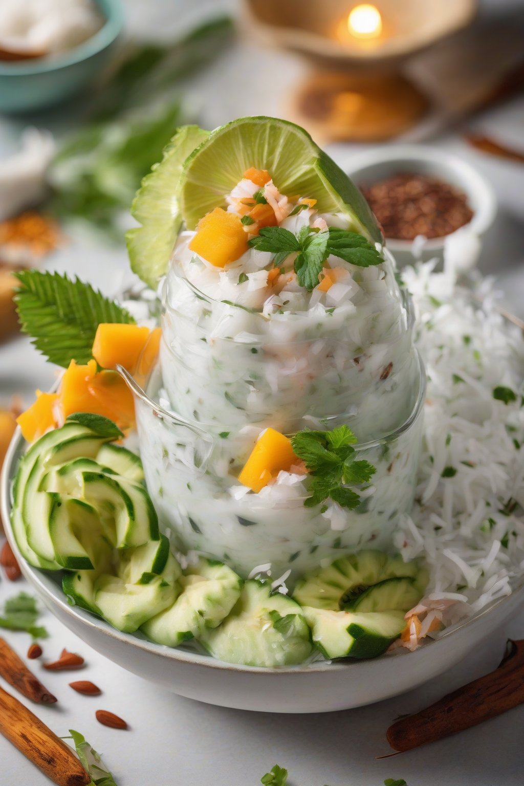 A high-resolution photo of vegan coconut taziki with tropical garnishes, under soft lighting.