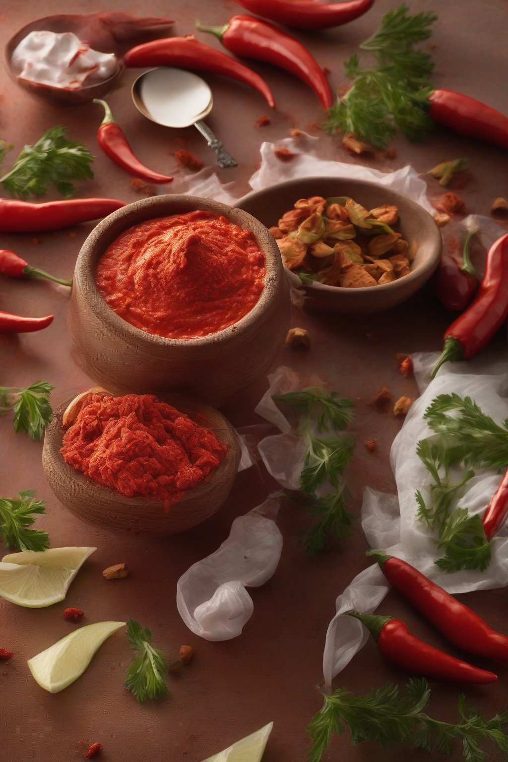 A high-resolution photo of smoky paprika taziki with red hue, under soft lighting.