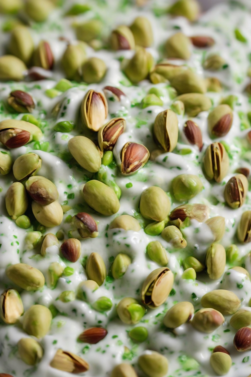 A high-resolution photo of pistachio taziki sprinkled with green nuts, under soft lighting.