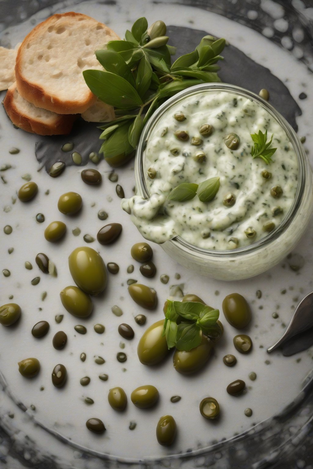 A high-resolution photo of olive-studded taziki sauce, under soft lighting.