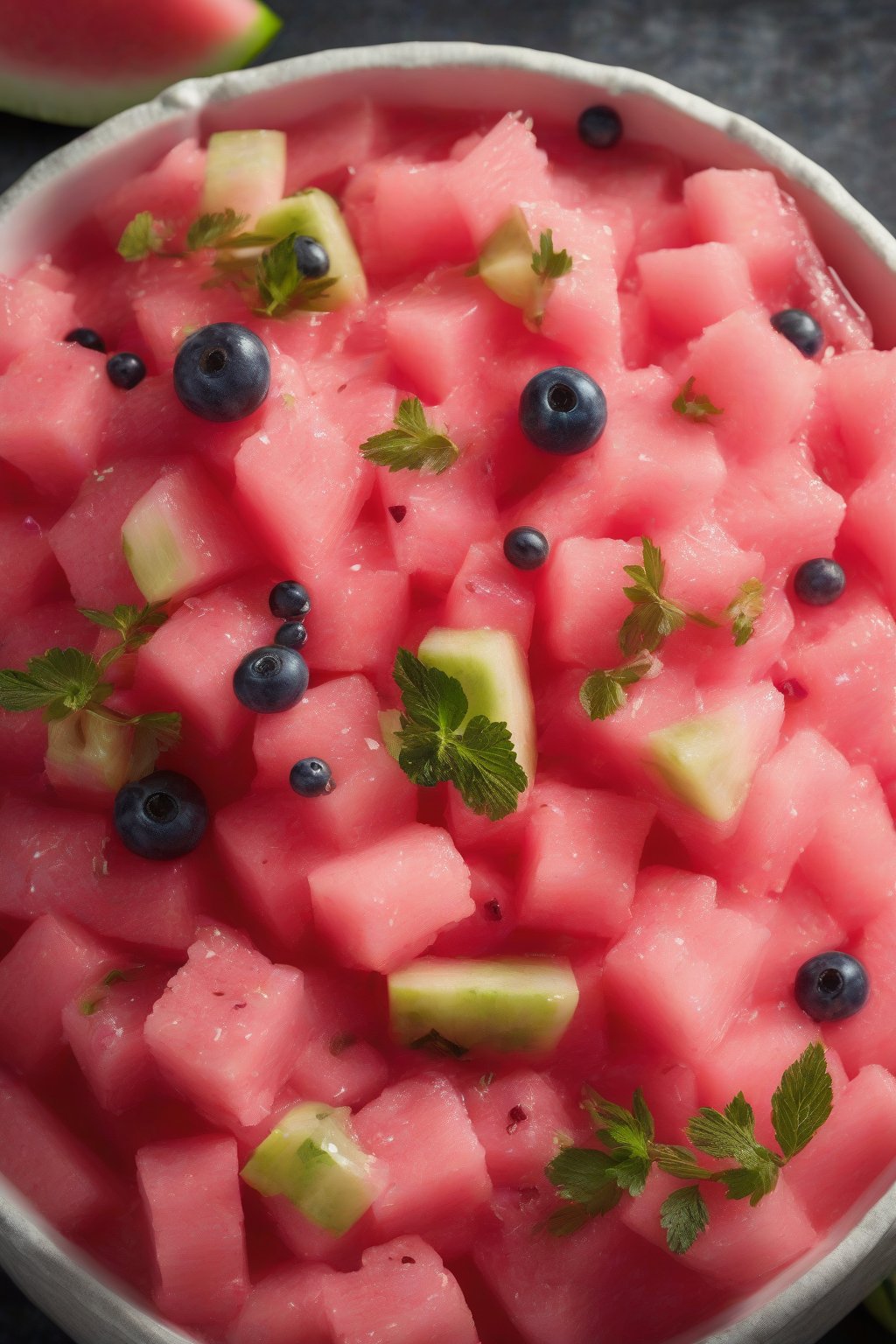 A high-resolution photo of pink watermelon taziki with fruit bits, under soft lighting.