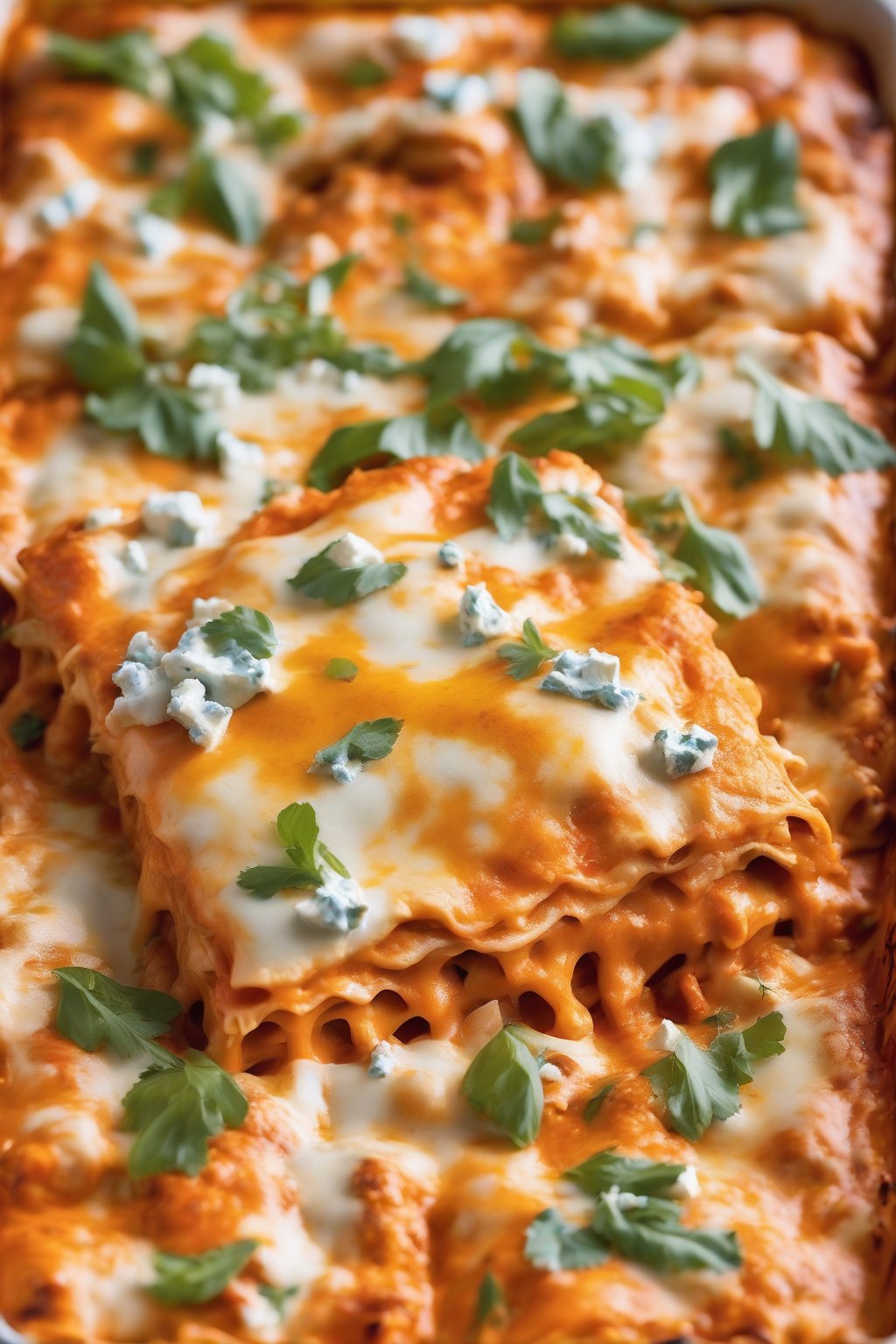 A close-up photo of buffalo chicken lasagna, fiery orange sauce oozing with blue cheese veins, under soft lighting.