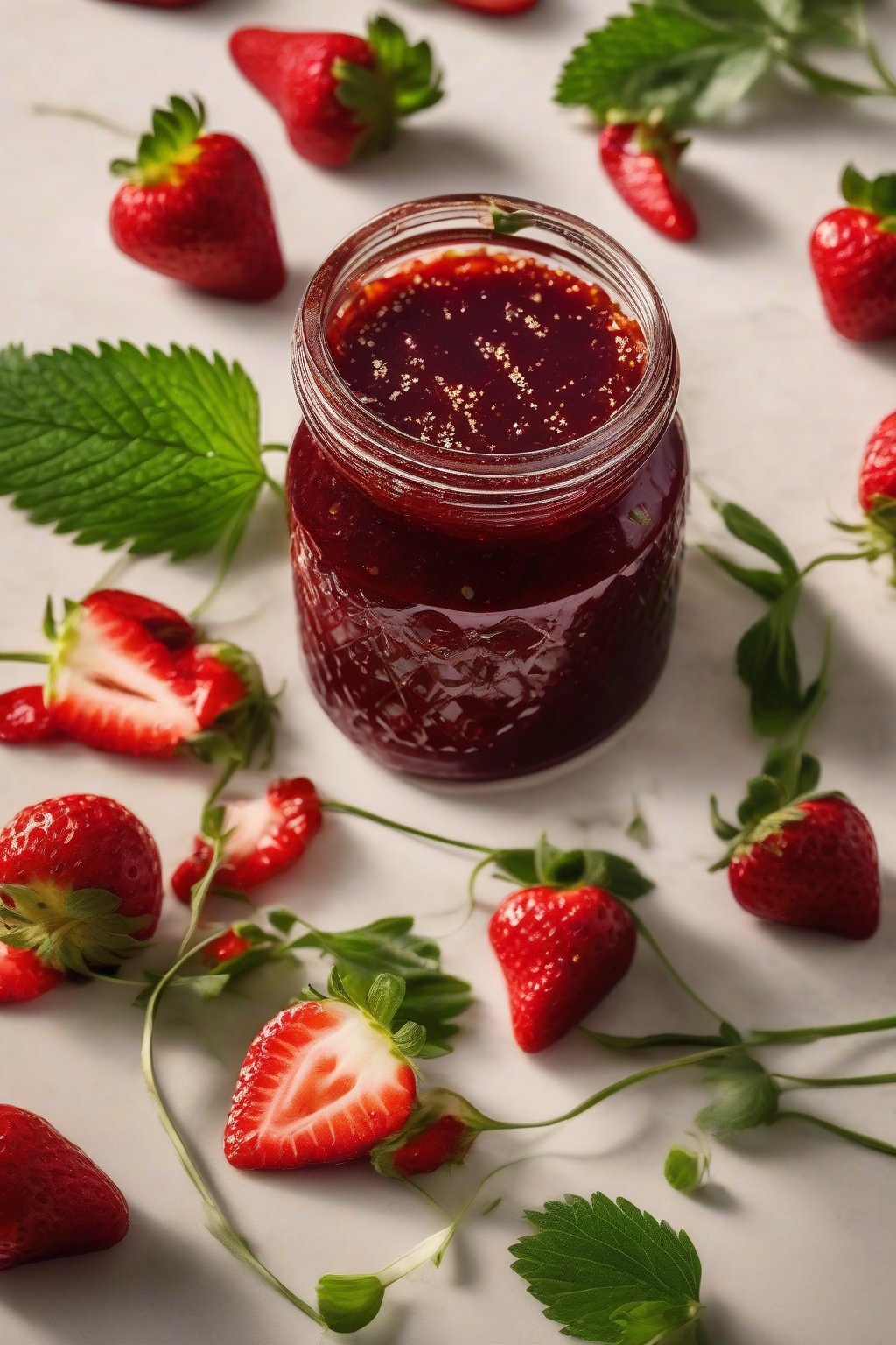A high-resolution photo of spicy strawberry jam in a jar with chili slices on top, vibrant red with green flecks, under soft lighting.