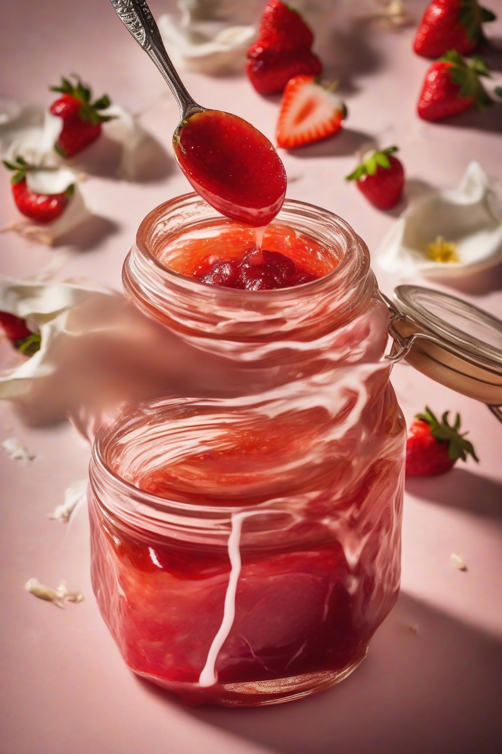 A high-resolution photo of strawberry vanilla jam in a jar with vanilla pod alongside, swirled preserves glowing, under soft lighting.