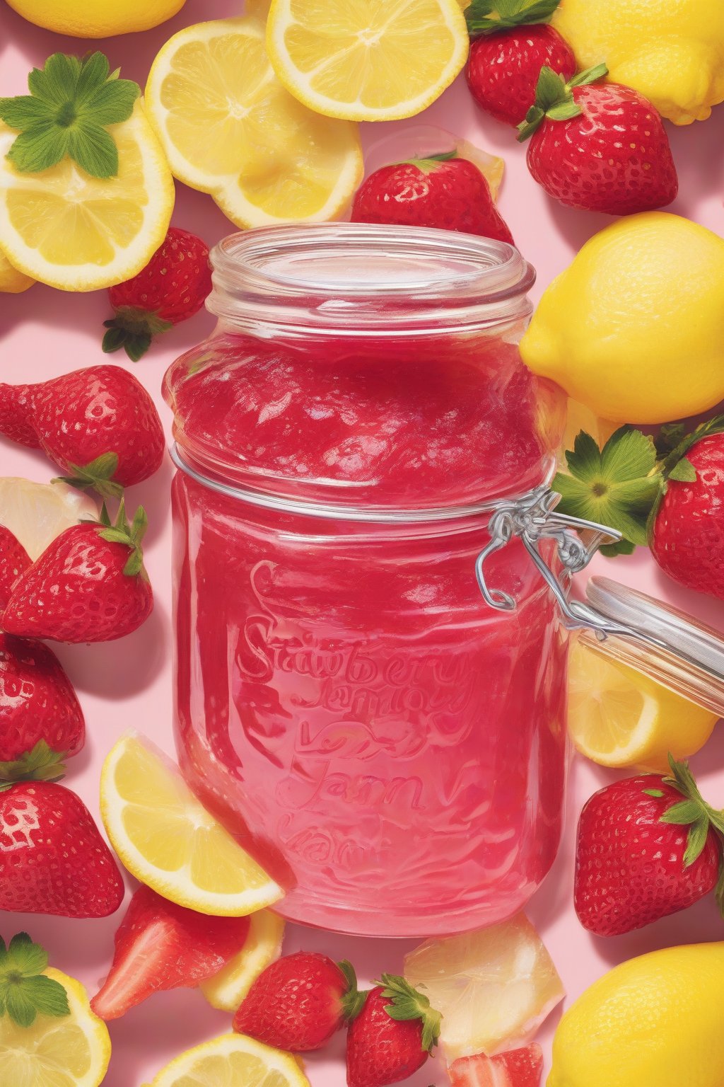 A high-resolution photo of strawberry lemon jam in a sunny jar with lemon slices, bright pink-yellow tones, under soft lighting.