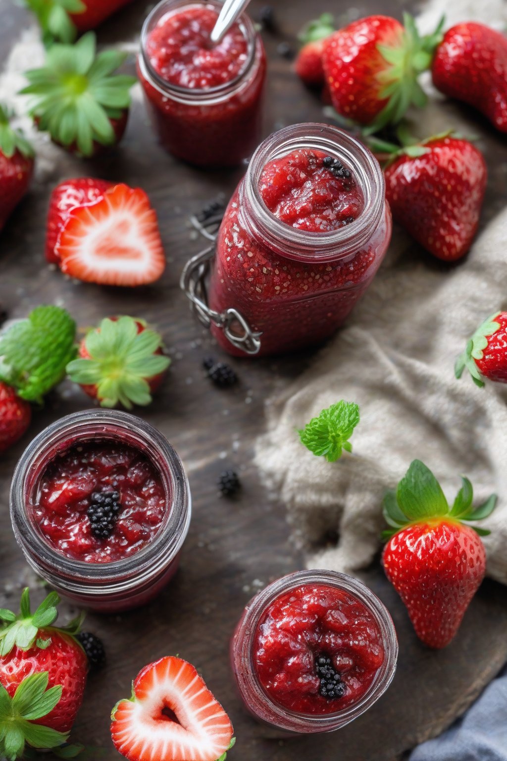A high-resolution photo of no-cook strawberry chia jam in a small mason jar with chia seeds visible, topped with fresh berries, under soft lighting.