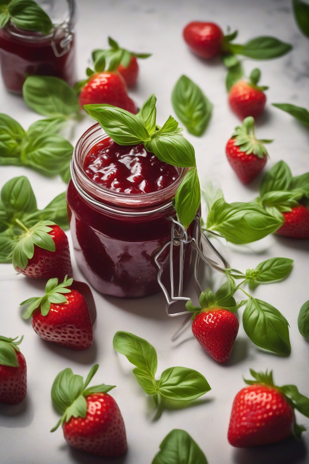A high-resolution photo of strawberry basil jam jar with green basil leaves garnish, fresh and vibrant, under soft lighting.