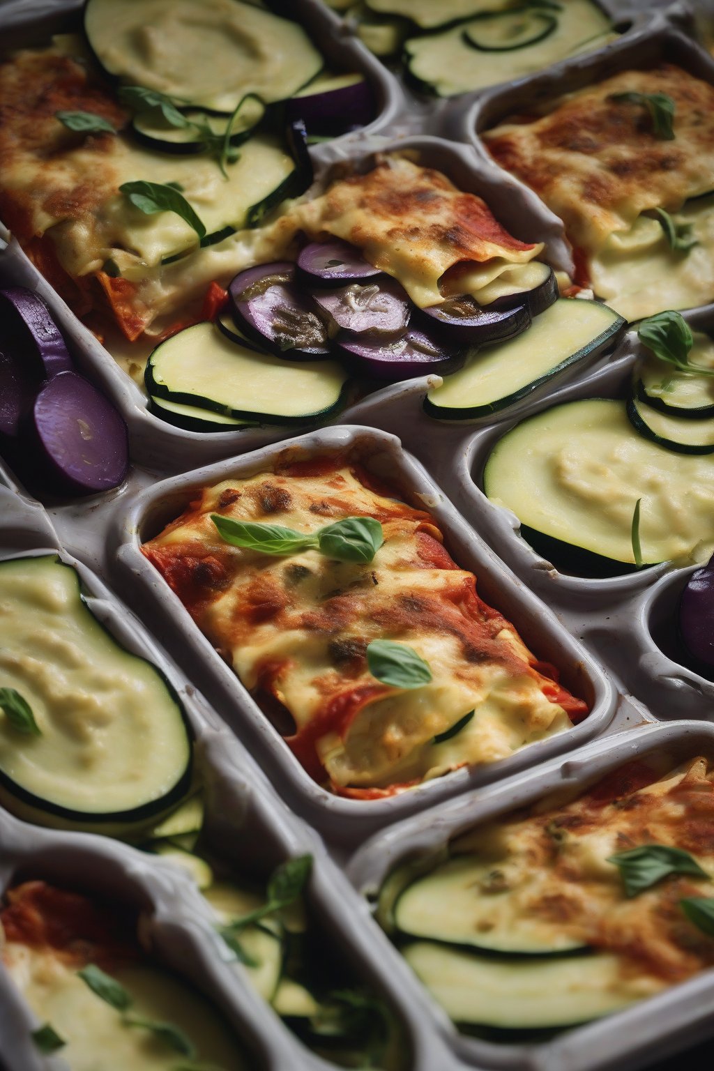 A close-up photo of Mediterranean veggie lasagna, purple eggplant and green zucchini in neat layers, under soft lighting.
