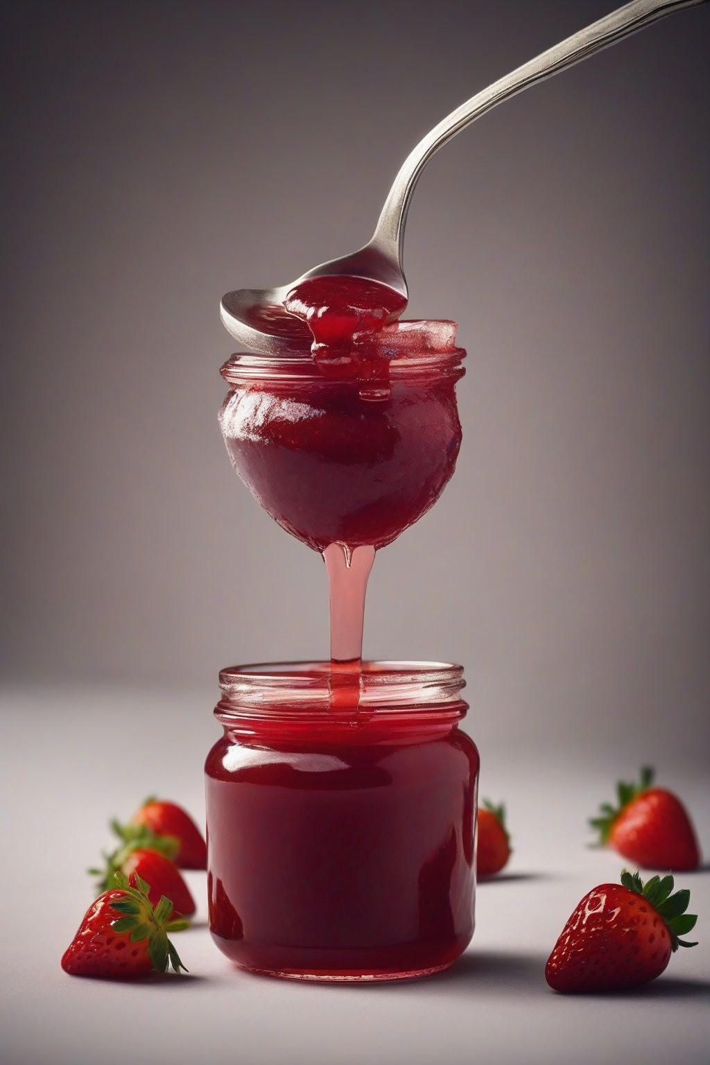 A high-resolution photo of sugar-free strawberry jam on a spoon dripping into a jar, pure red purity, under soft lighting.