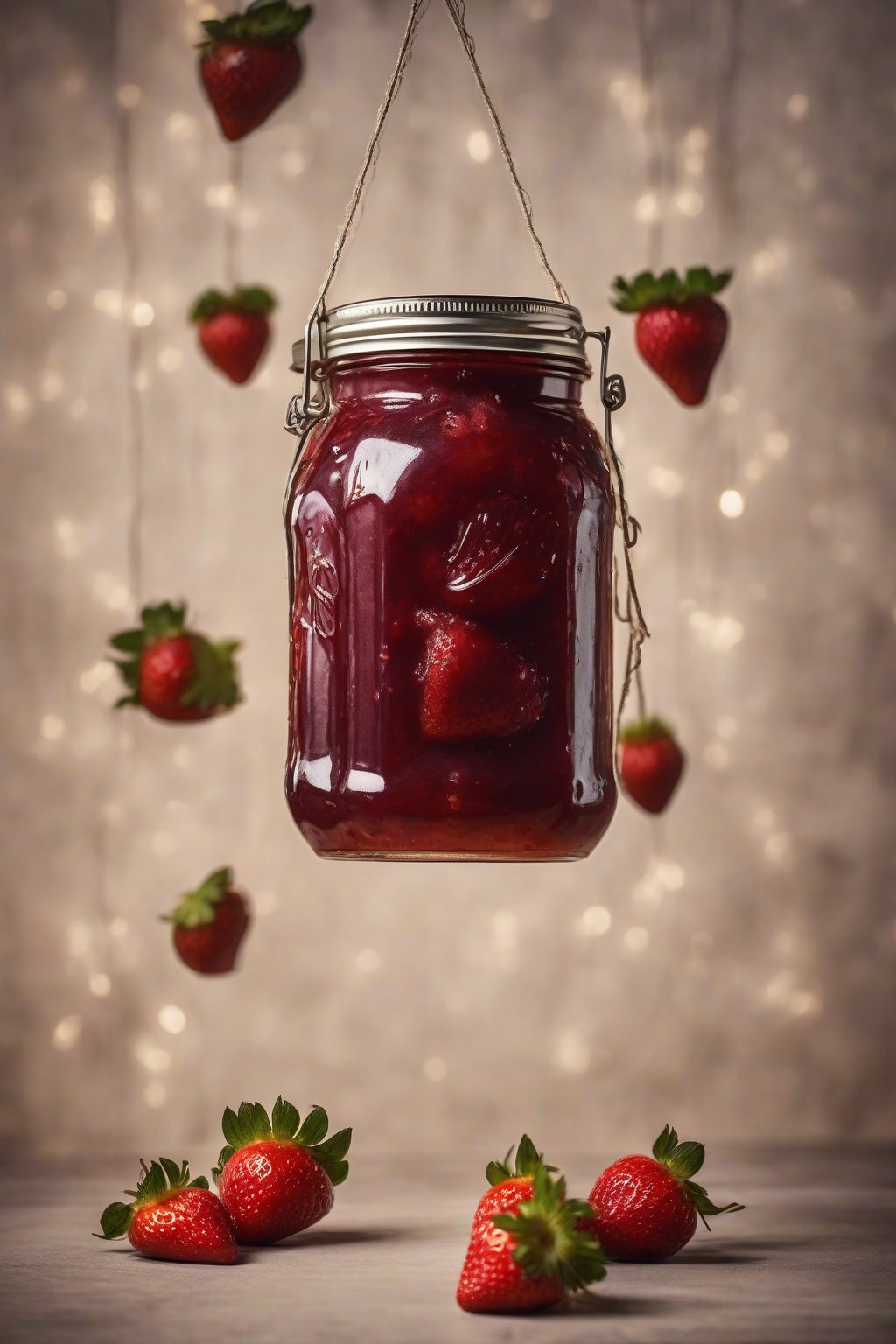 A high-resolution photo of chunky strawberry jam jar showing large berry pieces suspended, rustic appeal, under soft lighting.