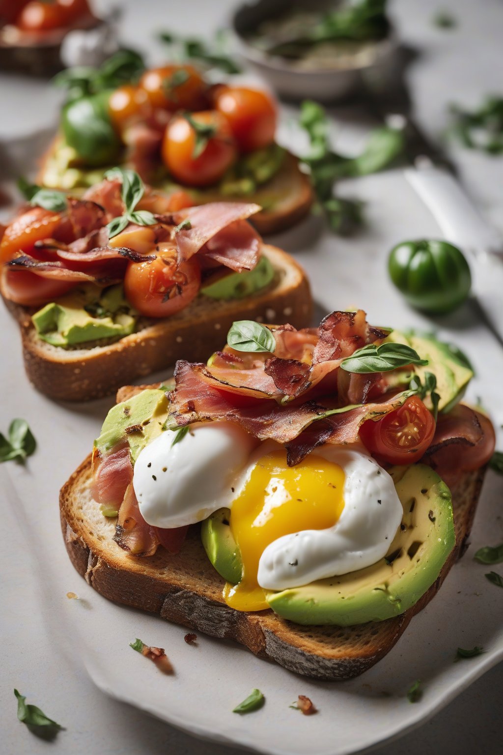 A high-resolution photo of bacon and heirloom tomato avocado toast with burrata under soft lighting.