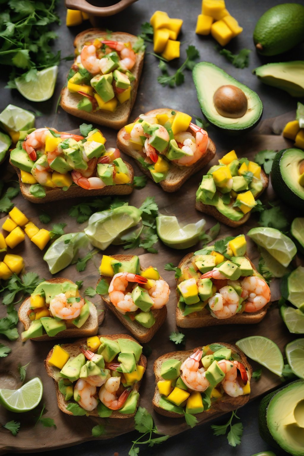 A high-resolution photo of shrimp and mango salsa avocado toast under soft lighting.