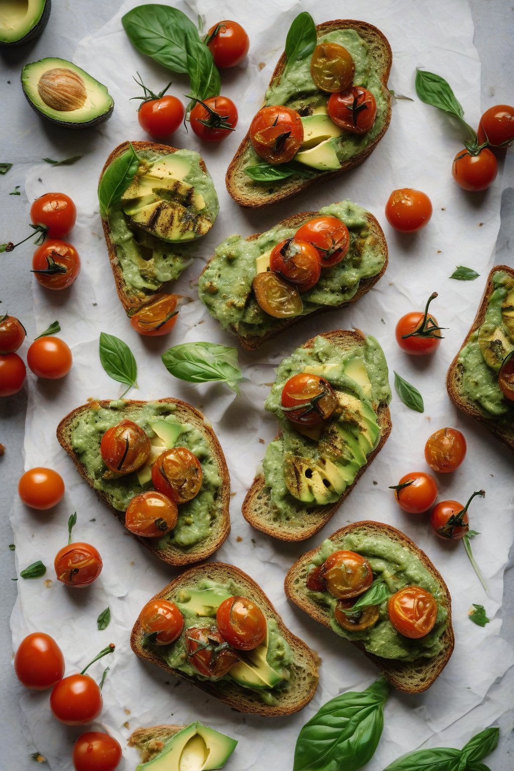 A high-resolution photo of pesto and roasted cherry tomato avocado toast under soft lighting.
