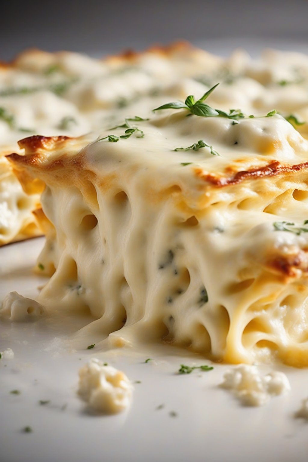 A close-up photo of four-cheese white lasagna, rivers of cheese flowing from golden crust, under soft lighting.