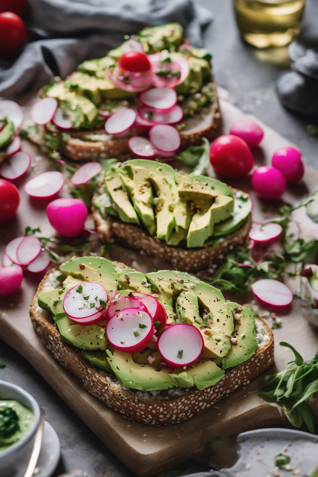 A high-resolution photo of everything bagel feta avocado toast with radishes under soft lighting.