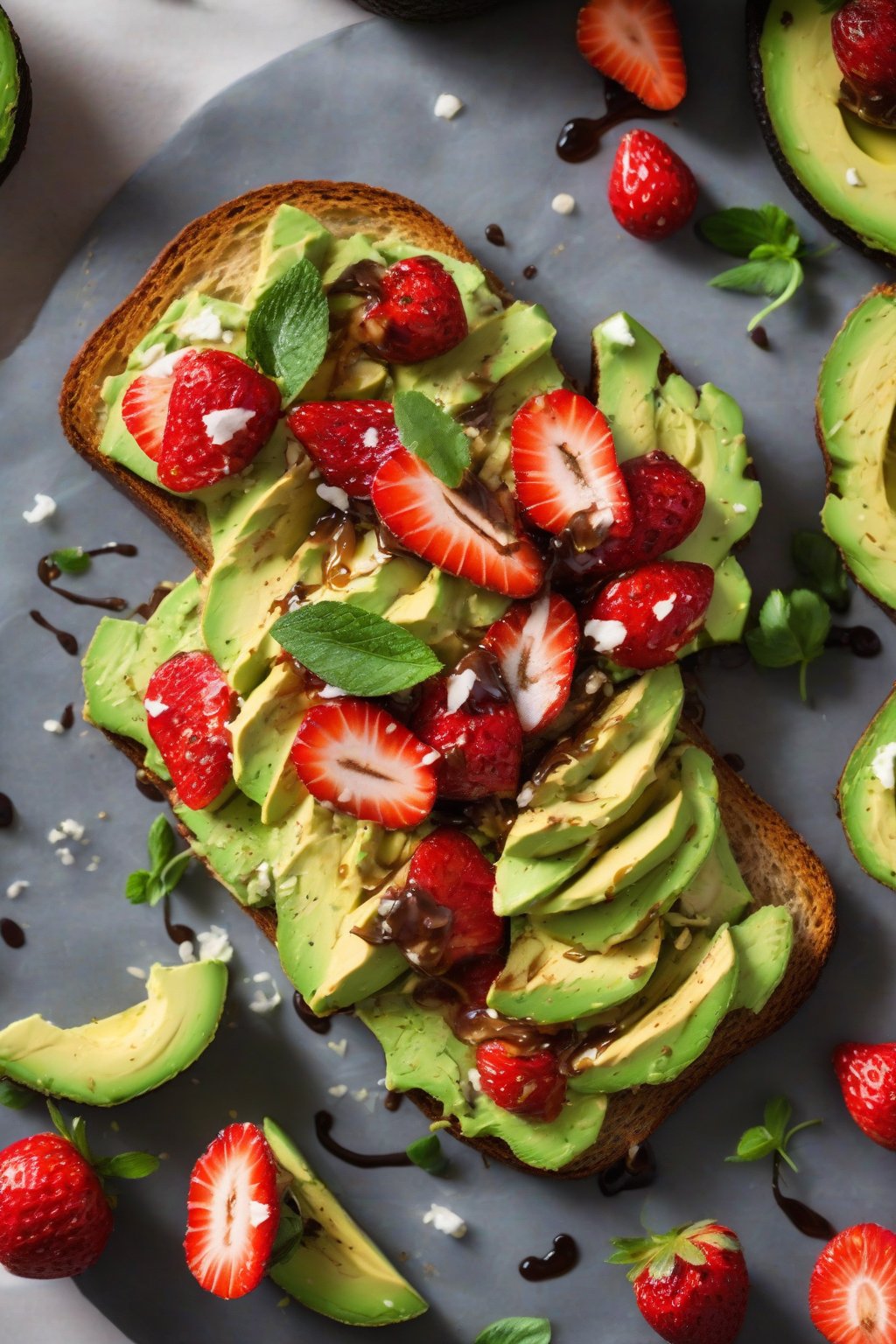 A high-resolution photo of strawberry honey balsamic avocado toast under soft lighting.