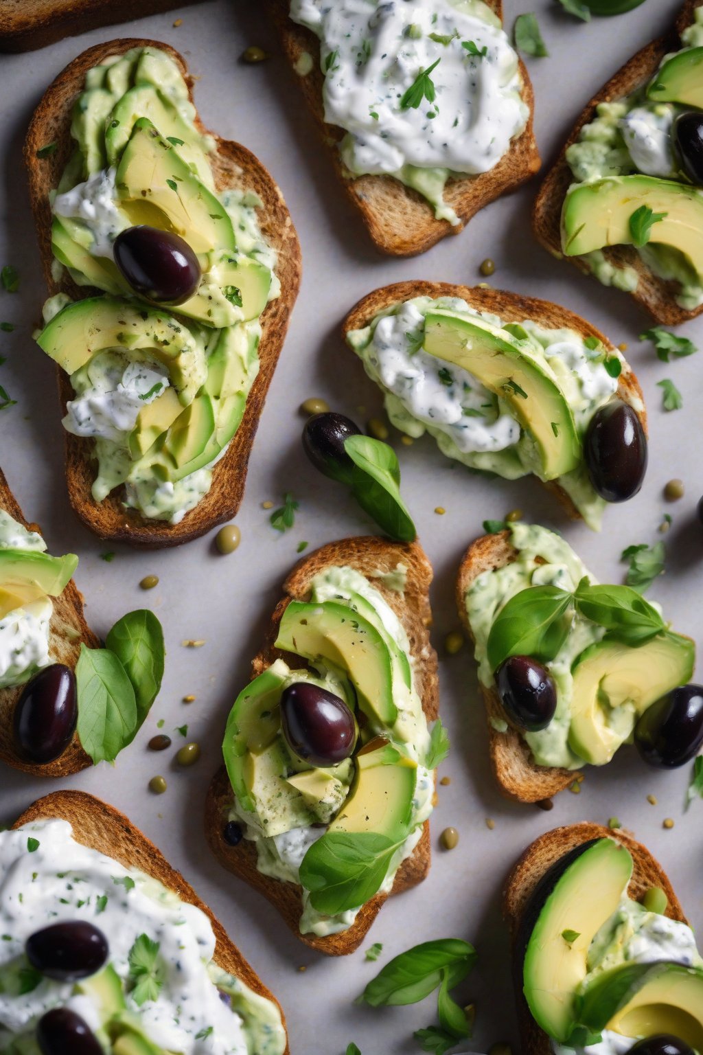 A high-resolution photo of Greek tzatziki avocado toast with olives under soft lighting.