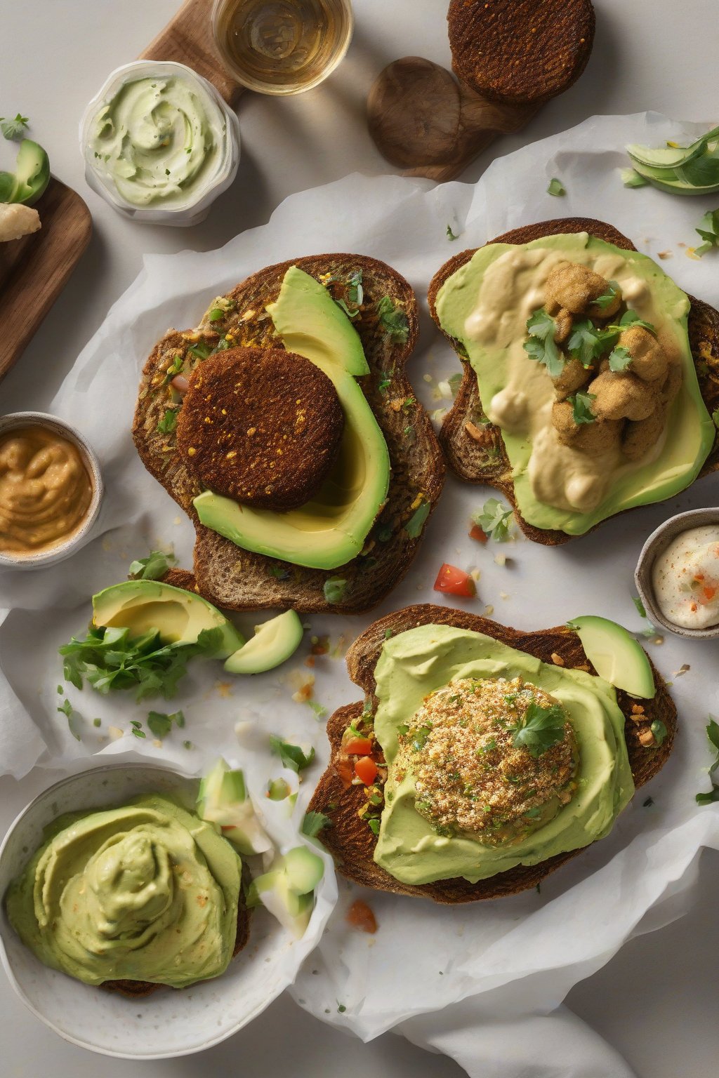 A high-resolution photo of hummus and falafel avocado toast under soft lighting.