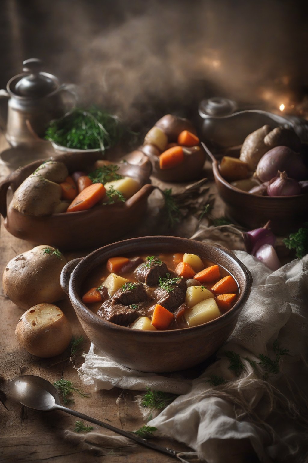 A high-resolution photo of classic beef stew with root vegetables in a rustic bowl, steam rising under soft lighting.