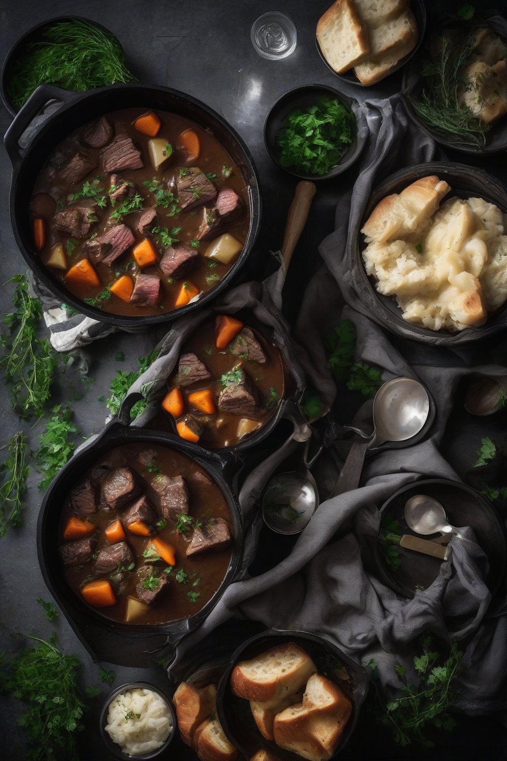 A high-resolution photo of Irish Guinness beef stew garnished with fresh herbs in a cast-iron pot, under soft lighting.