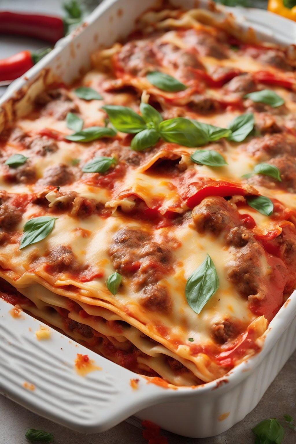 A close-up photo of sausage and pepper lasagna, colorful peppers dotting red sauce layers, under soft lighting.