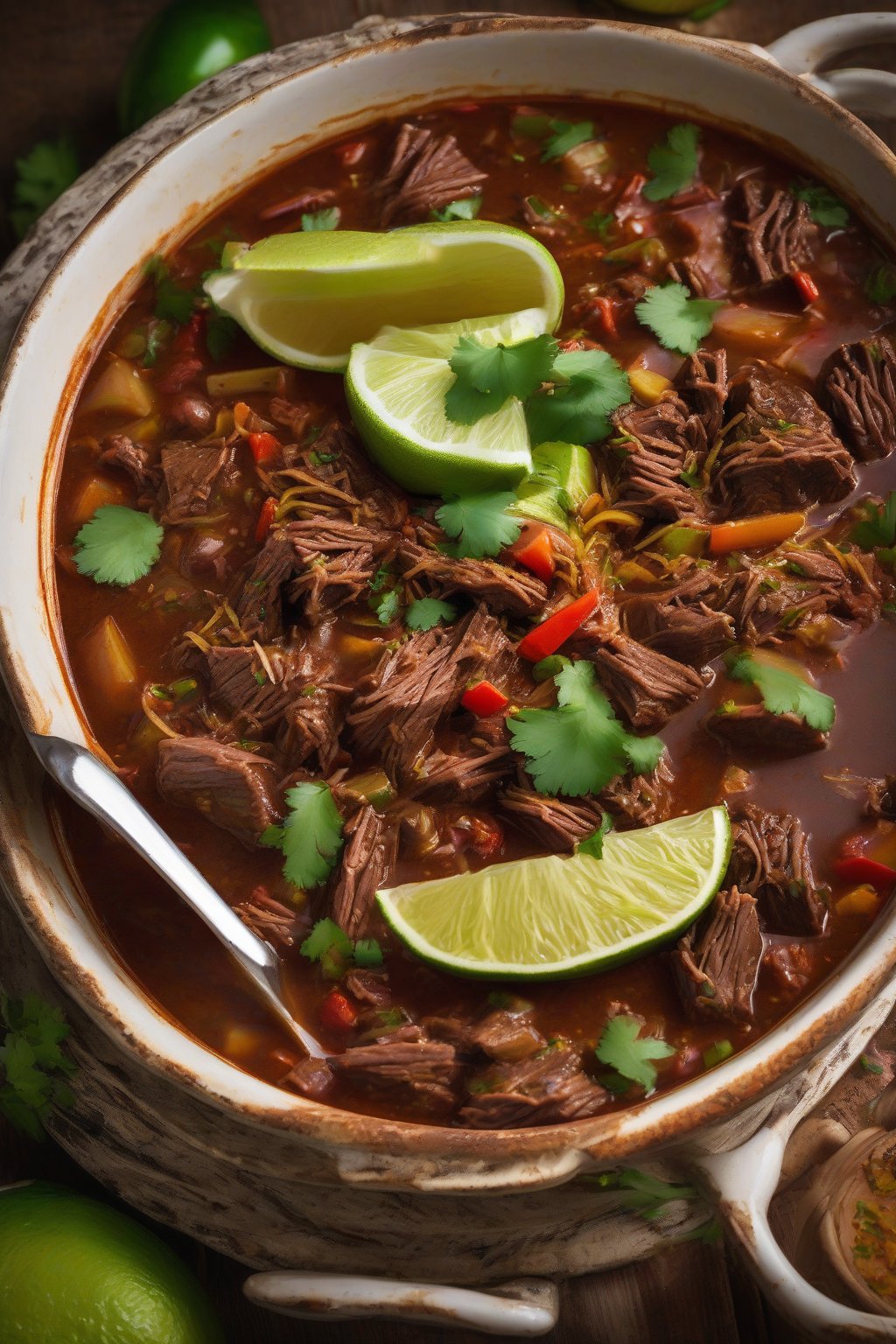A high-resolution photo of spicy Mexican beef stew with shredded beef and lime slices, under soft lighting.