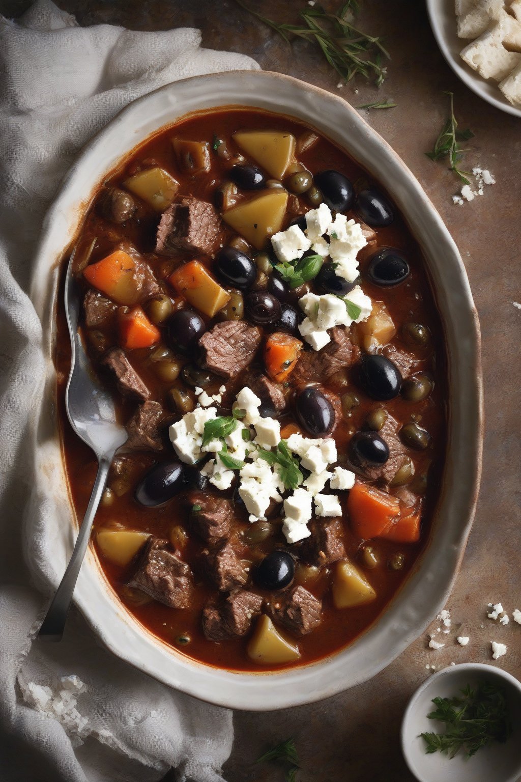 A high-resolution photo of Mediterranean beef stew topped with feta and olives in a shallow bowl, under soft lighting.