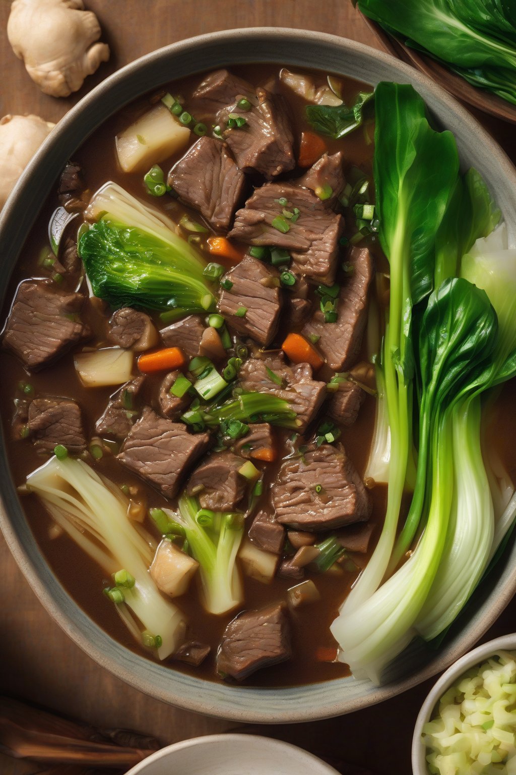 A high-resolution photo of Asian-inspired ginger beef stew with bok choy floating on top, under soft lighting.