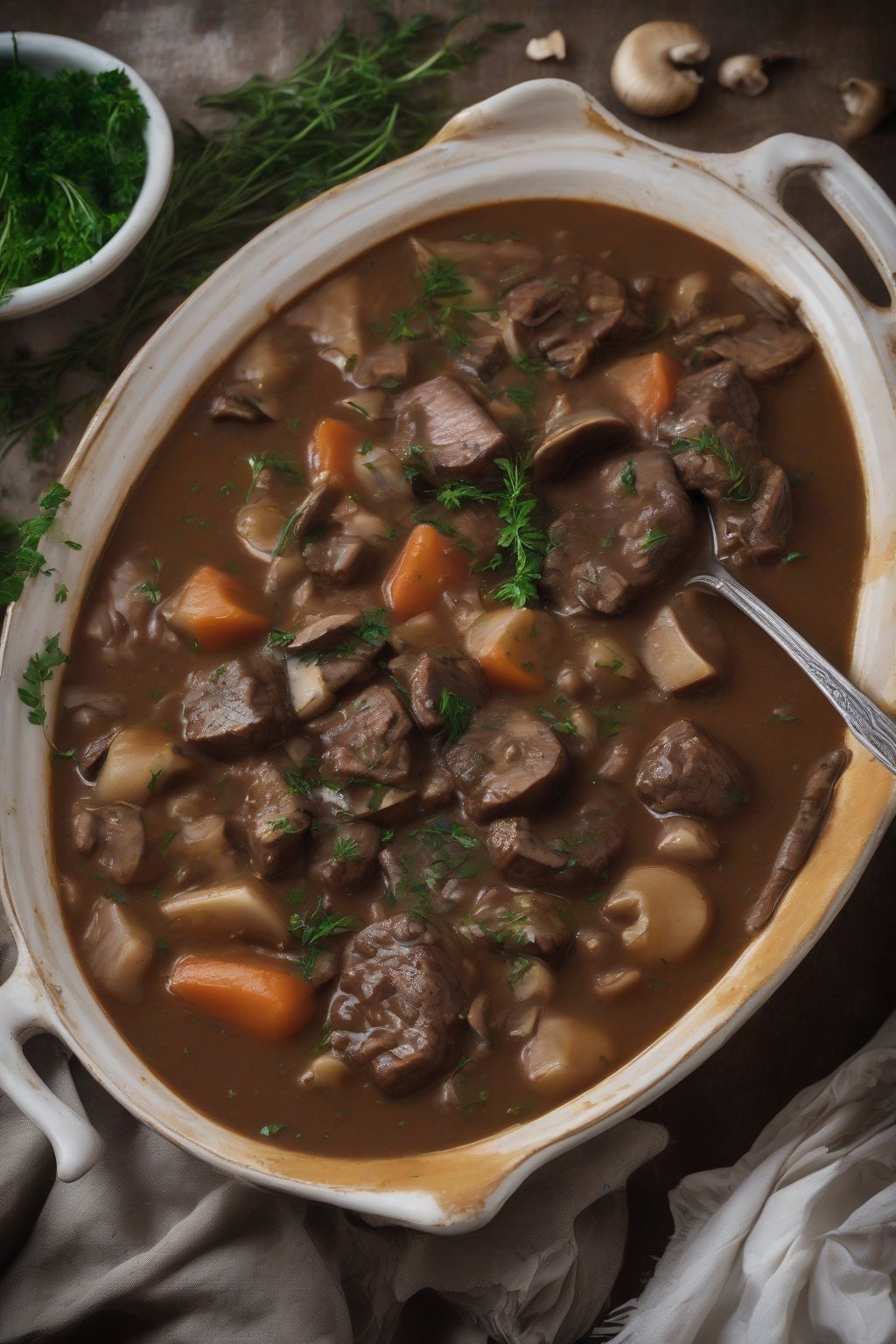 A high-resolution photo of beef and mushroom stew with thick gravy and herb sprigs, under soft lighting.