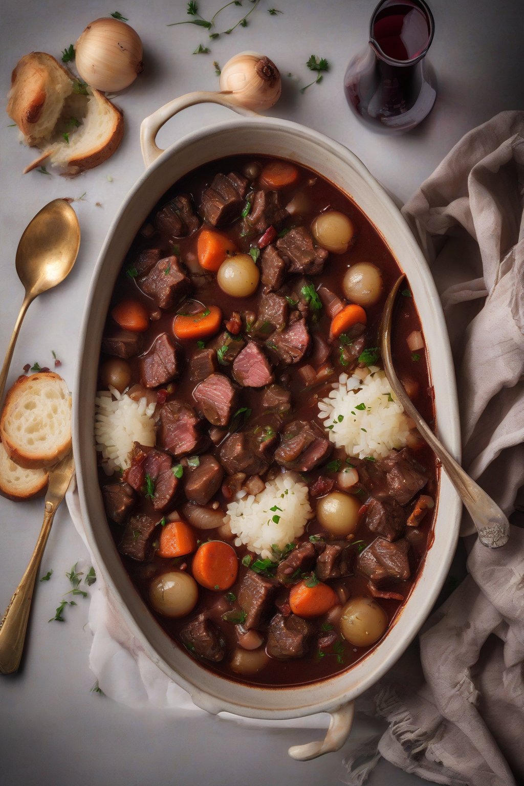 A high-resolution photo of red wine beef stew with pearl onions and bacon bits, under soft lighting.