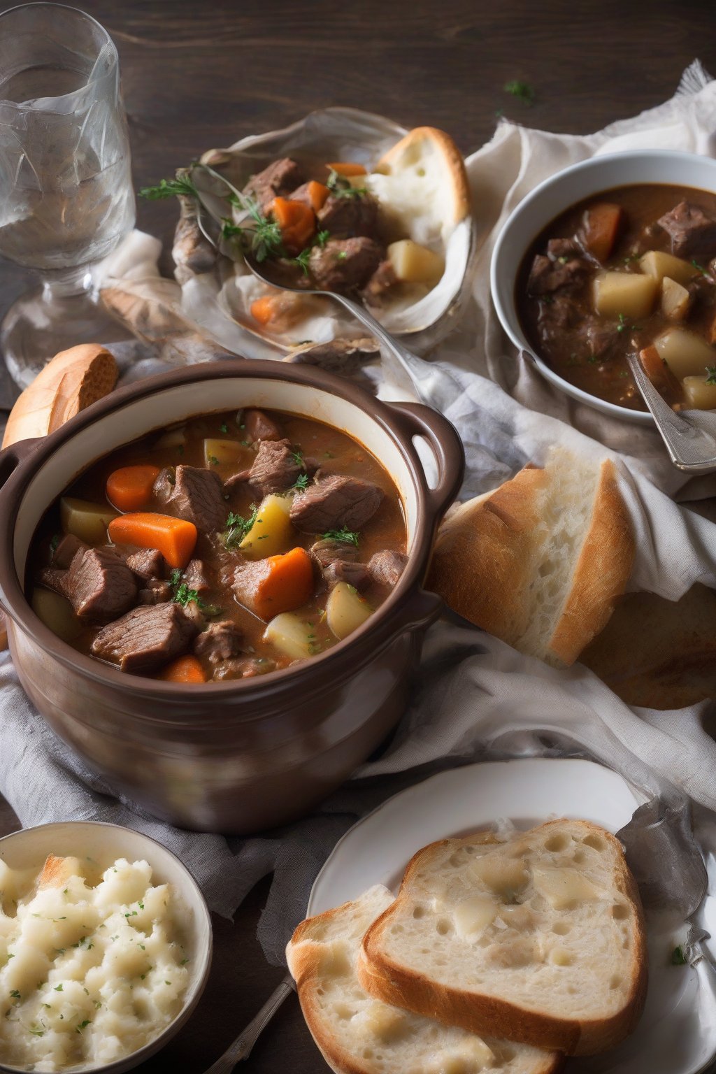 A high-resolution photo of slow cooker beef stew served with crusty bread, under soft lighting.