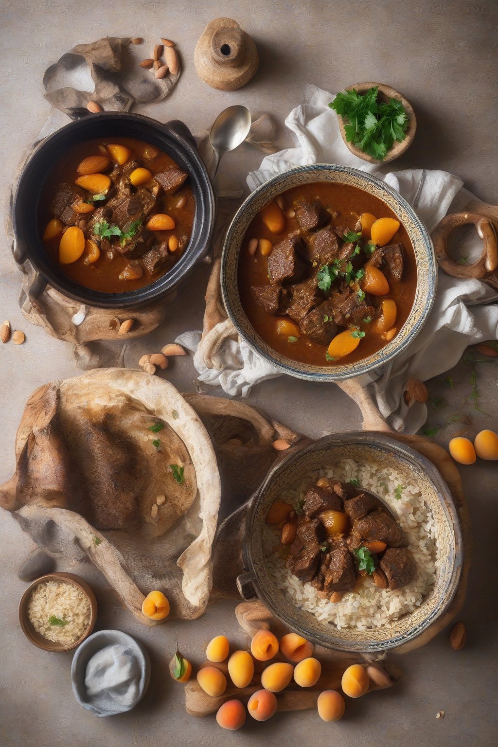 A high-resolution photo of Moroccan beef tagine stew with apricots and almonds, under soft lighting.
